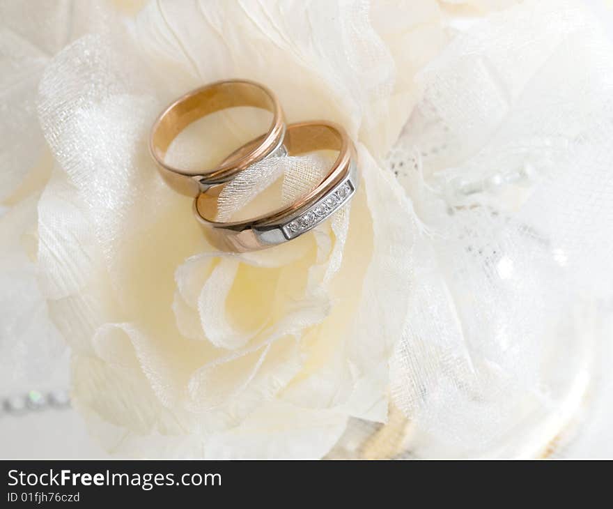 Closeup of wedding rings near decorative roses