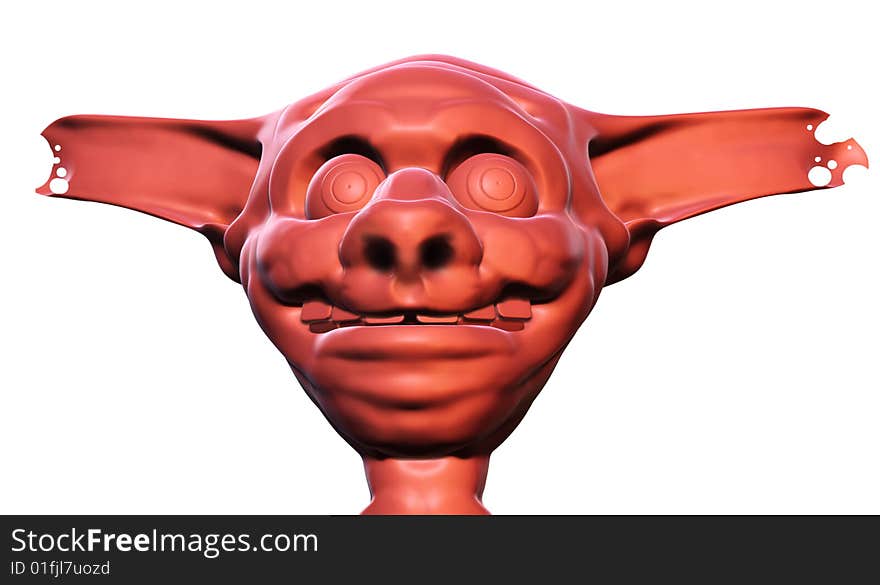 3D rendered illustration of an idiotic, grotesque caricature head, smiling foolisly