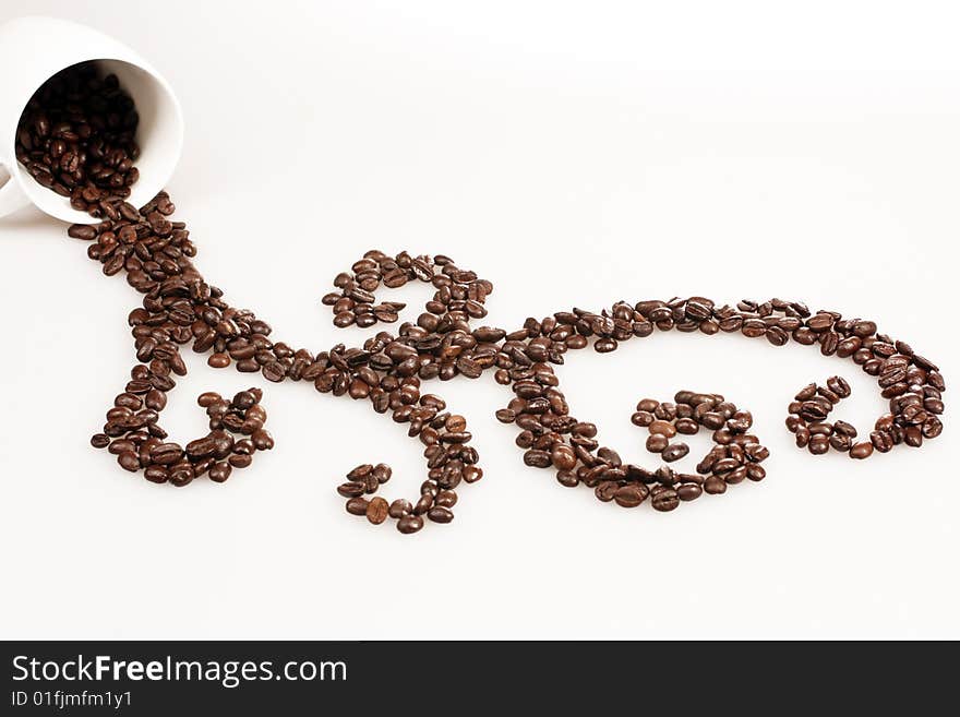 Coffee cup and coffee beans in ornament on white background