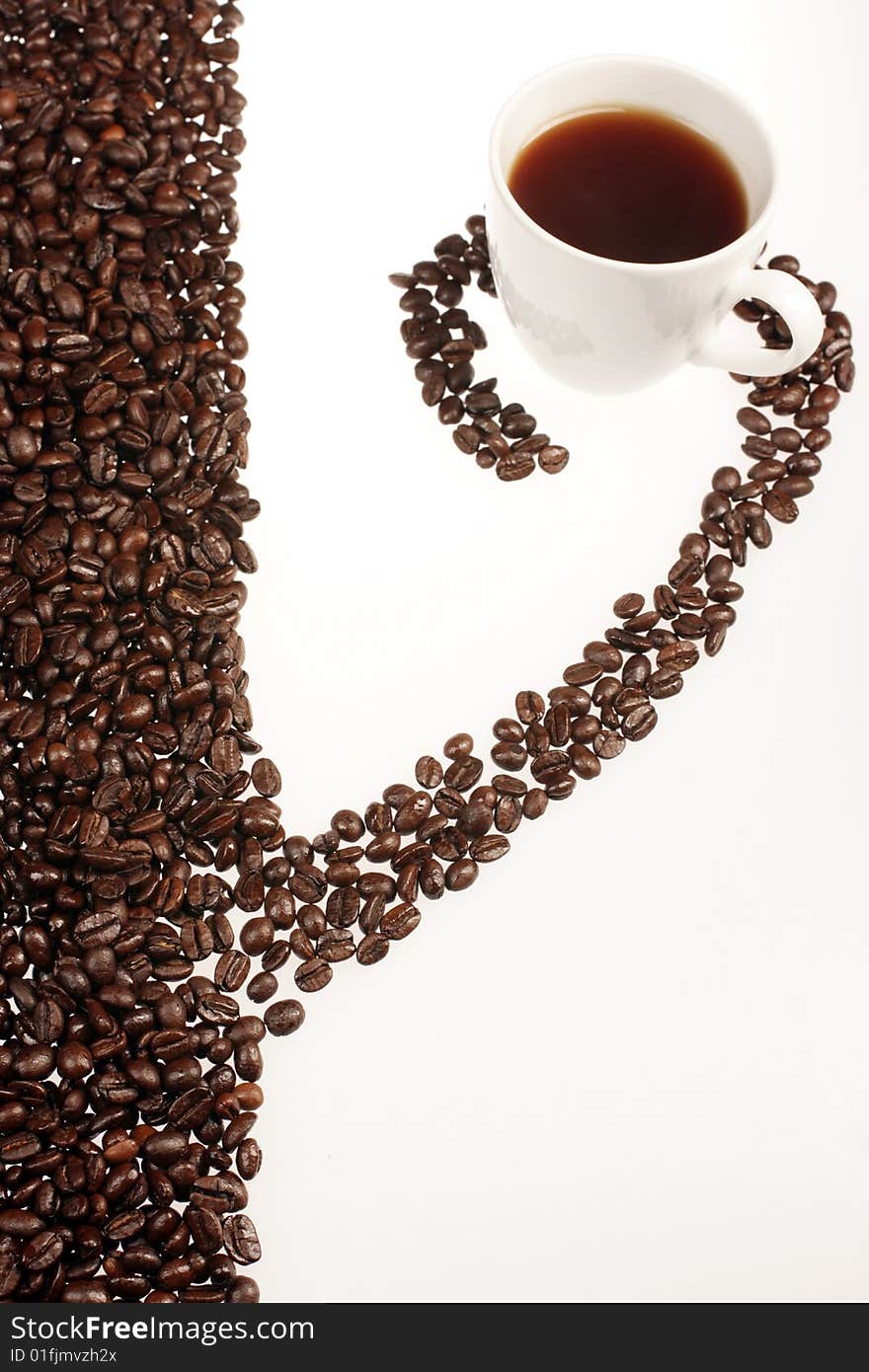 Coffee cup and coffee beans in ornament on white background