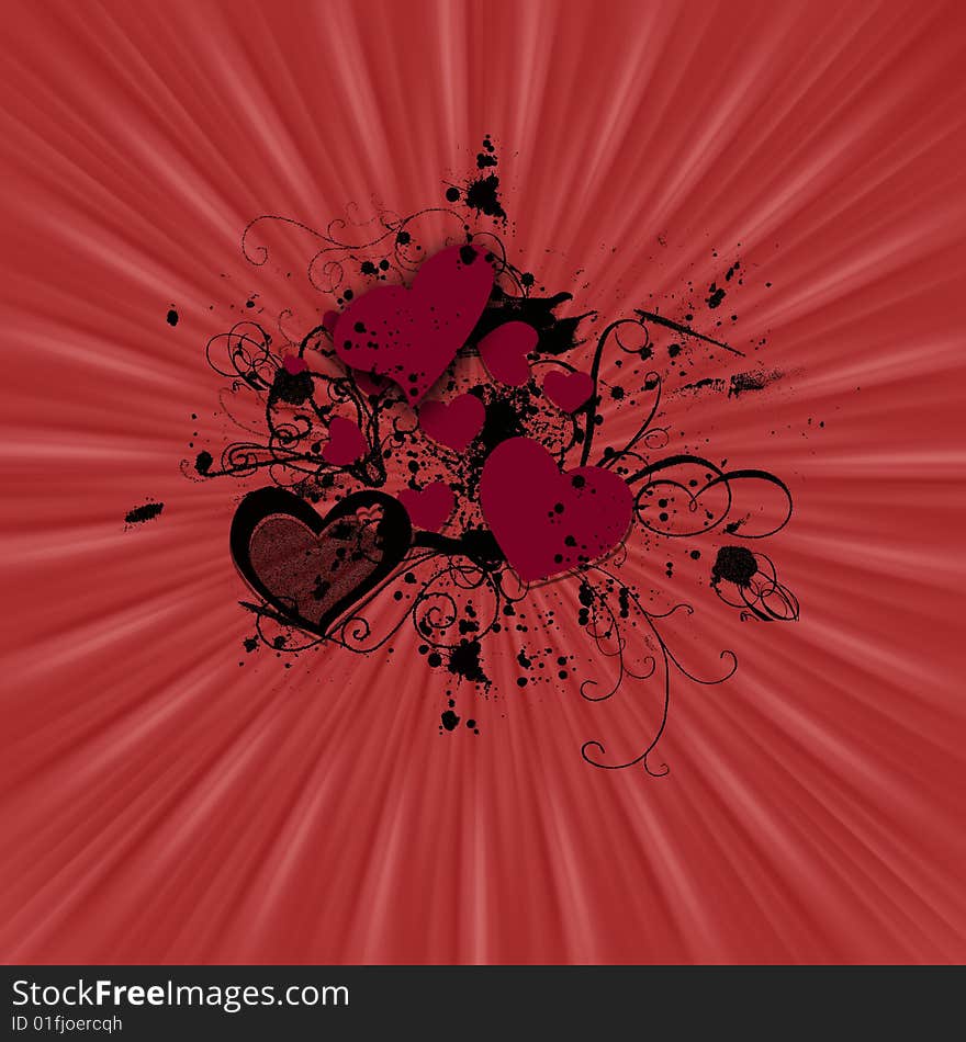 Illustration abstract of a sunburst with hearts, swirls, paint splatters and more. Illustration abstract of a sunburst with hearts, swirls, paint splatters and more.