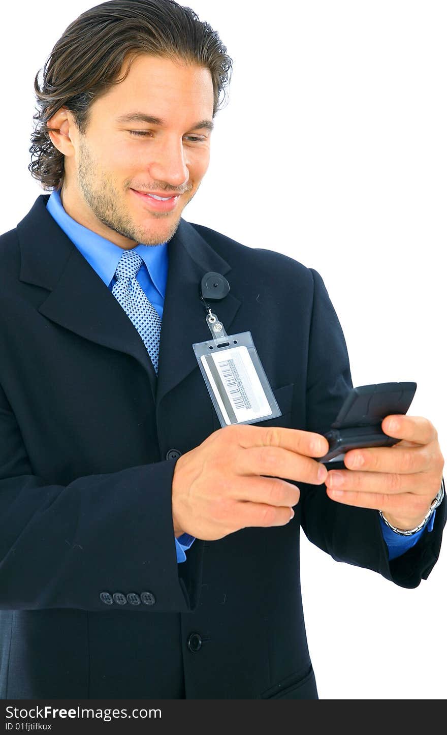 Smiling Young Caucasian Businessman Holding Pager