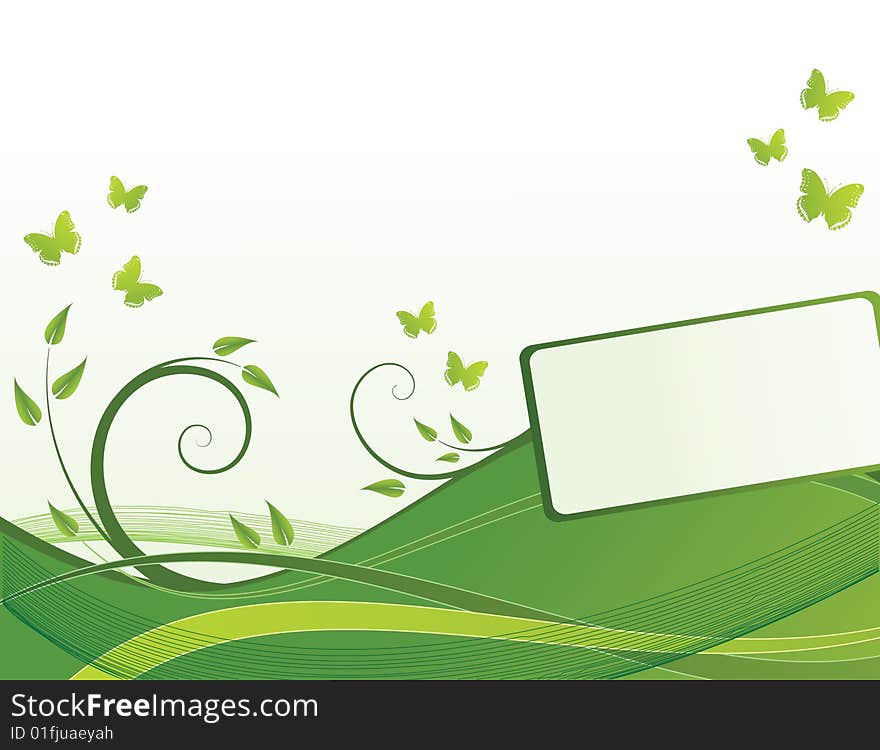 Green waves on white background with butterflies