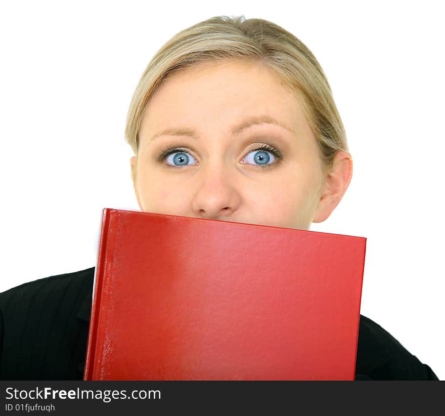 Stressed Caucasian Female Holding Blank Book