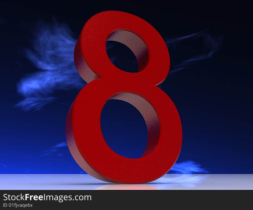 3d made red number 8 on cloudy background