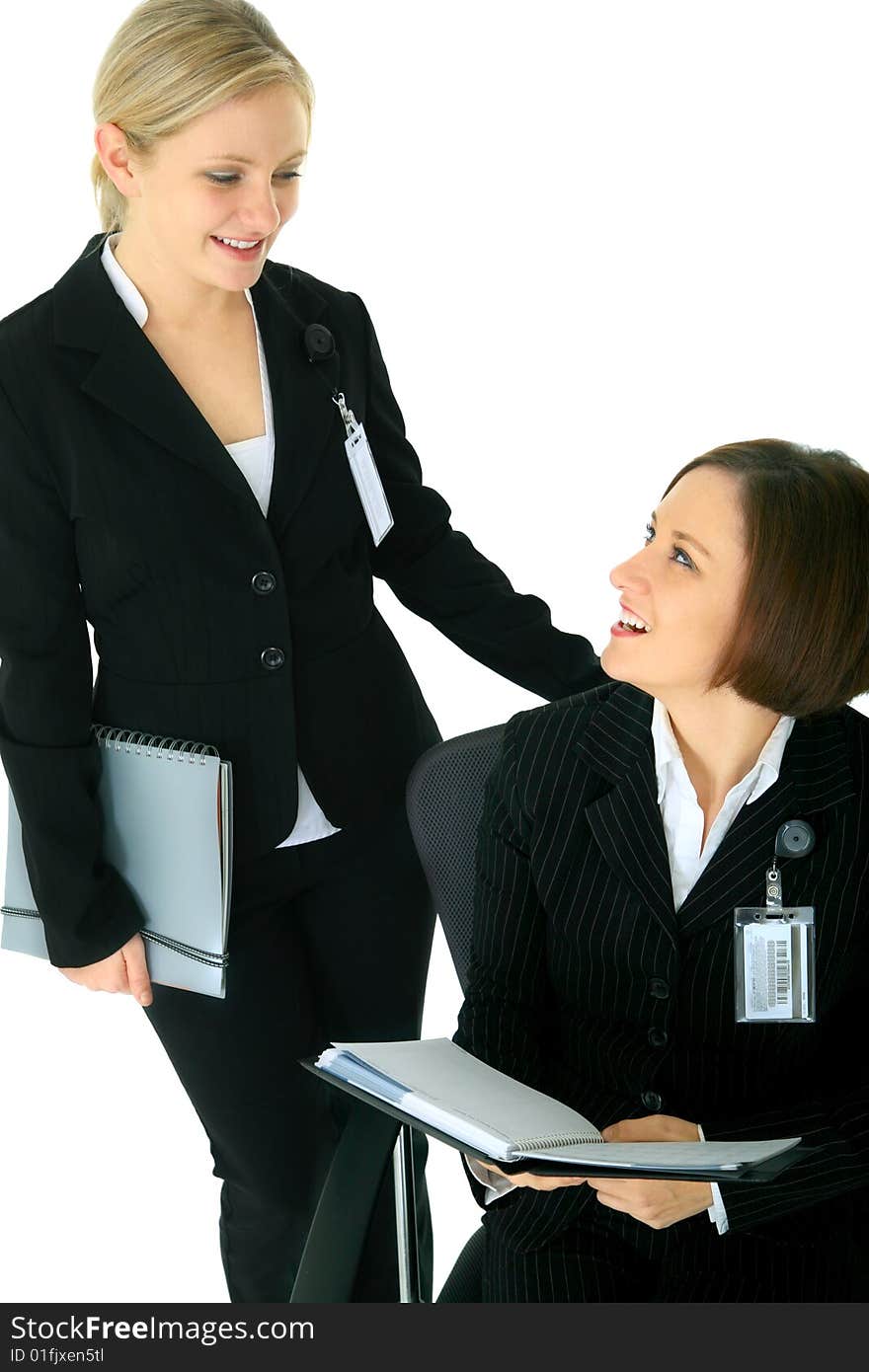 Female businesswoman discussing. one sit on chair and the other one standing. isolated on white. Female businesswoman discussing. one sit on chair and the other one standing. isolated on white