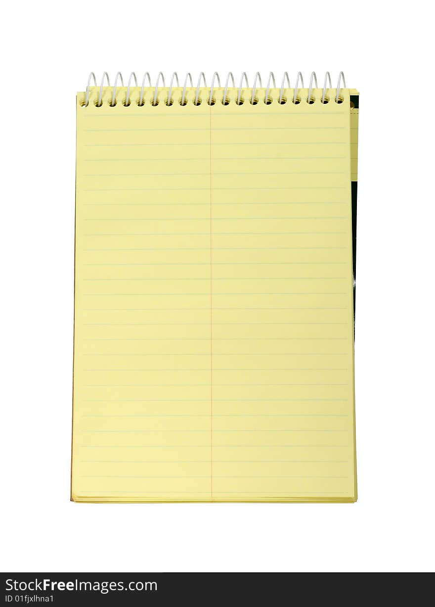 Yellow spiral bound notepad isolated on white. Yellow spiral bound notepad isolated on white