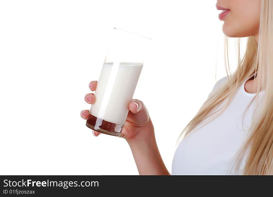 Young woman with glass of milk on white bacground