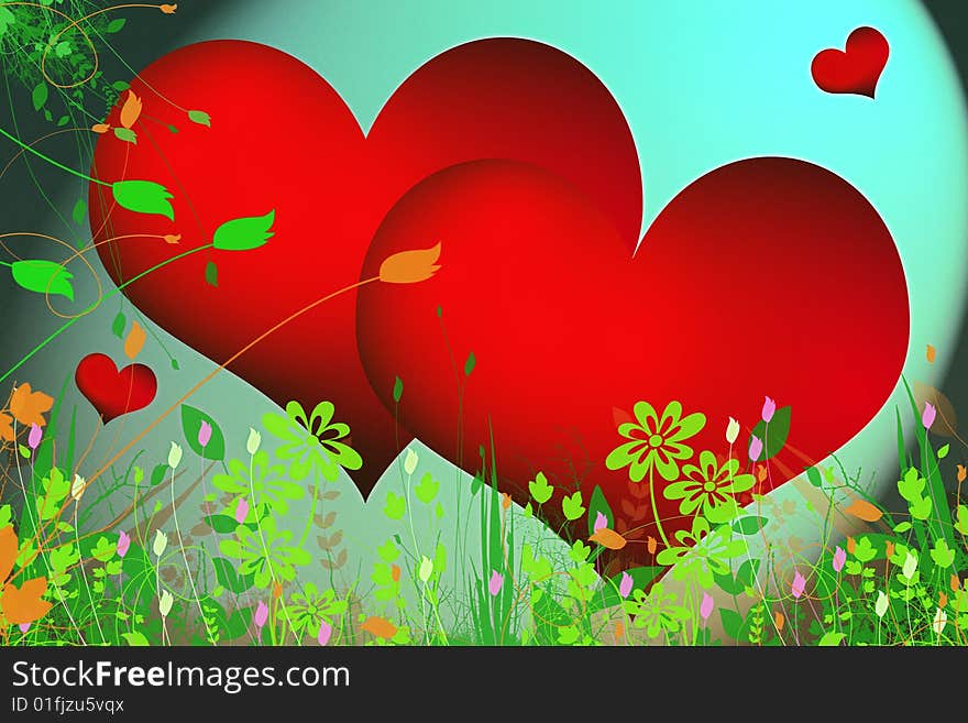 Red hearts in a green garden. Red hearts in a green garden