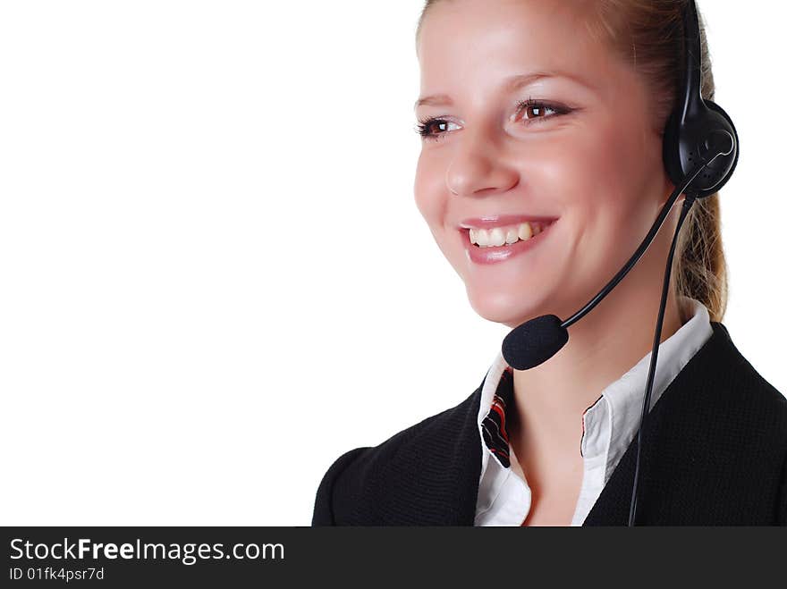 Beautiful woman with headphones on white background