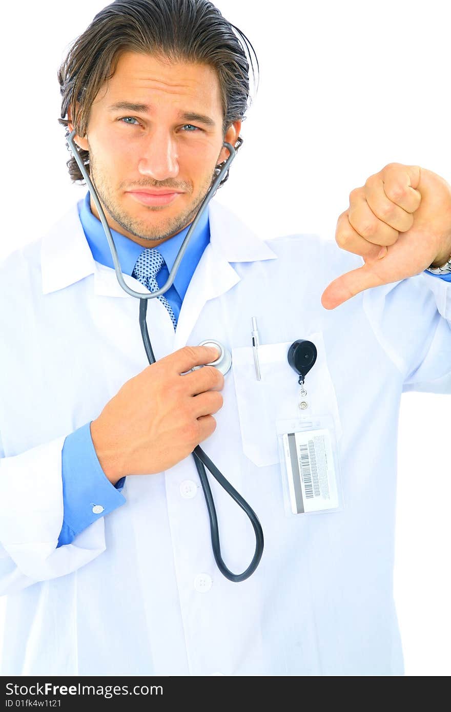 Unhappy young doctor checking his own health with thumb down. Unhappy young doctor checking his own health with thumb down