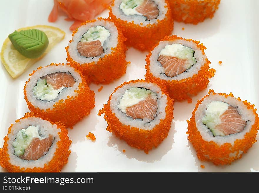 Traditional the Japanese meal sushi on a white background