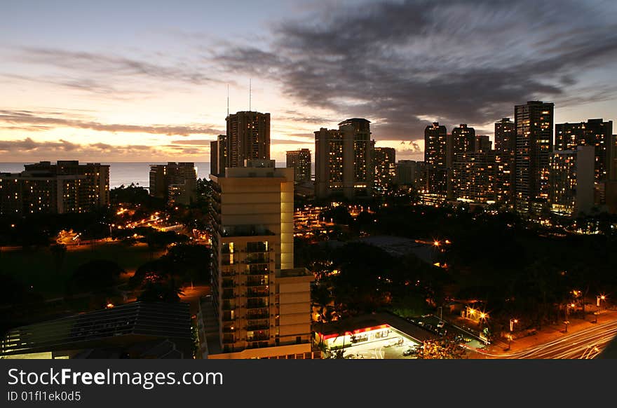 The view on Waikiki Beach during the night. The view on Waikiki Beach during the night