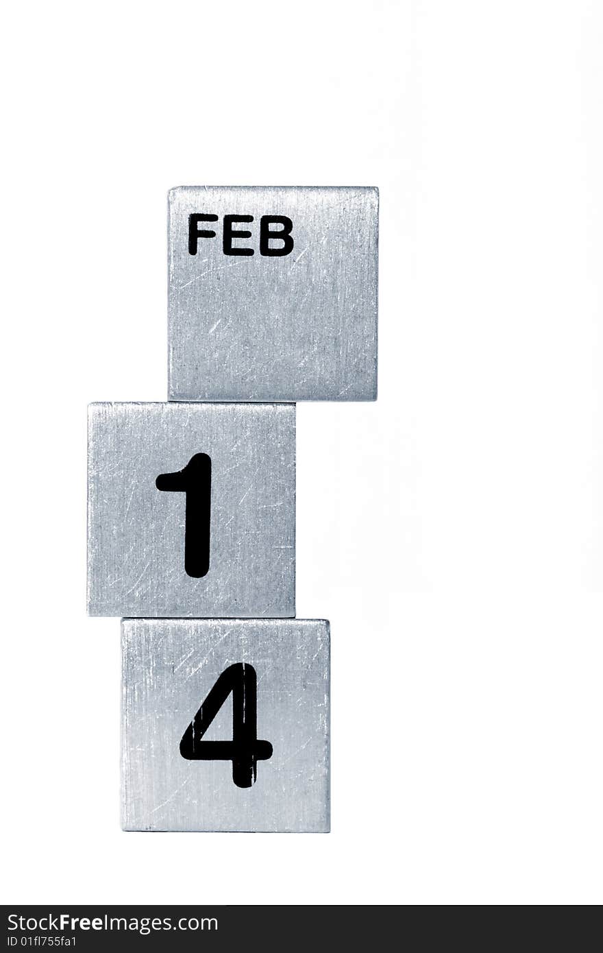 Text "FEB 14" on metal cubes (isolated on white without shadow). Text "FEB 14" on metal cubes (isolated on white without shadow)