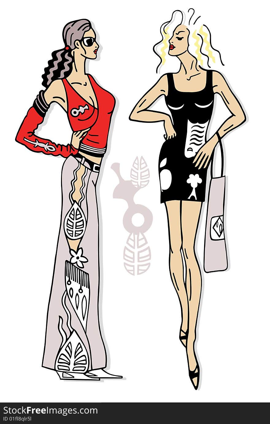 Vector illustration of two fashionable girls on white background