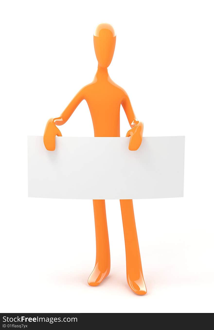 3d orange isolated simple person holds empty blank board. 3d orange isolated simple person holds empty blank board