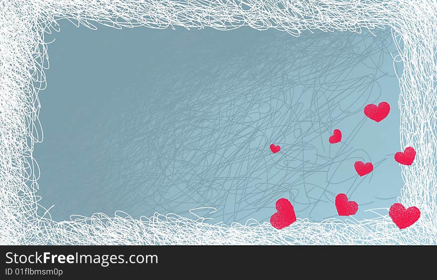 Valentine card with red hearts in frost texture frame. Valentine card with red hearts in frost texture frame