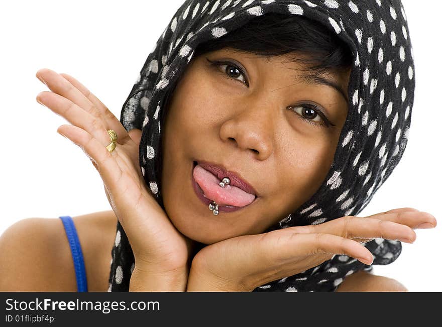 Asian with pierced tongue