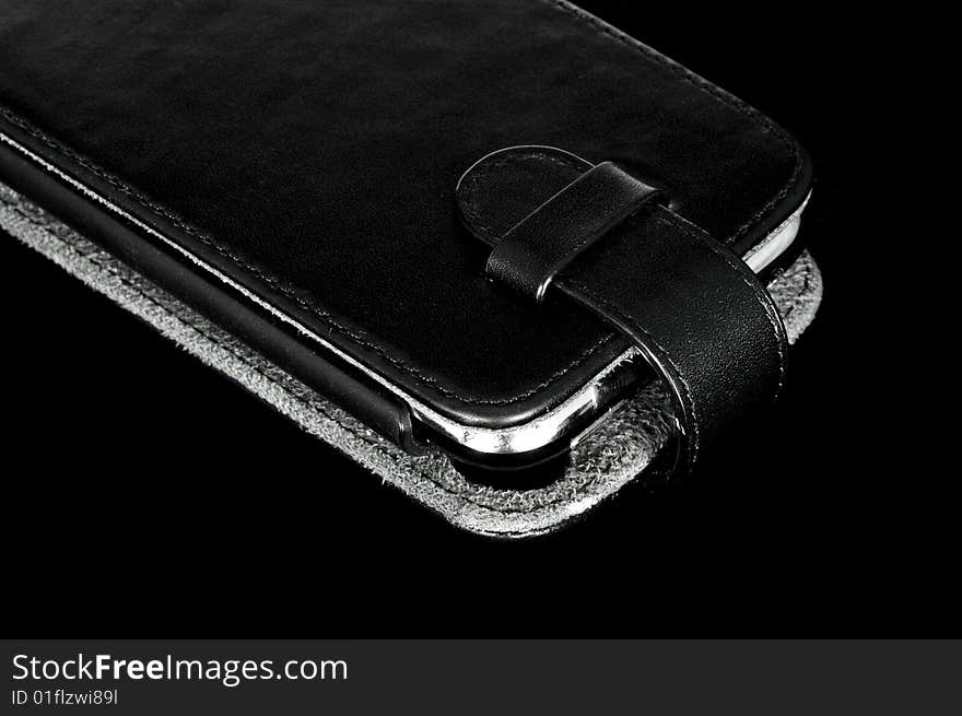 Modern smartphone in black leather case. Modern smartphone in black leather case