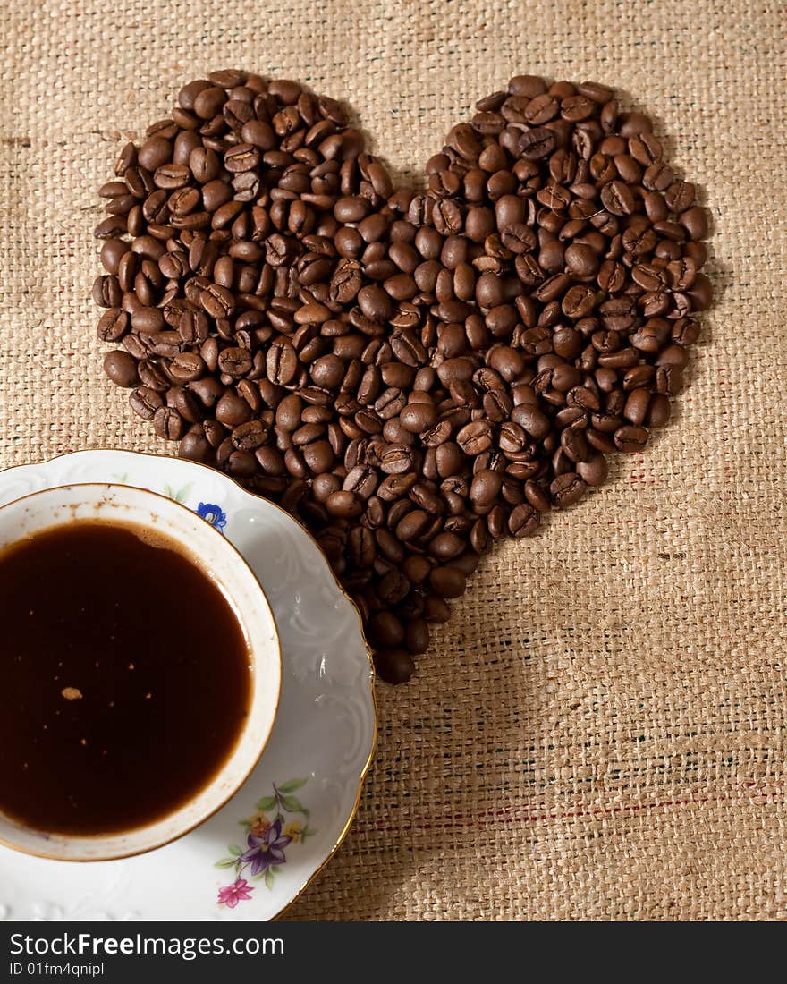 Heart shape made from coffee beans