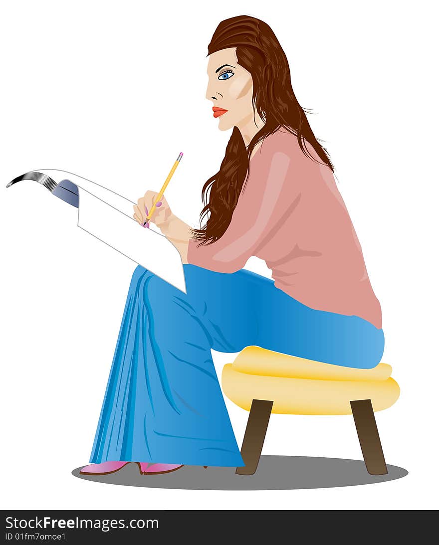 Young woman sit on the chair with book and pencil. Young woman sit on the chair with book and pencil