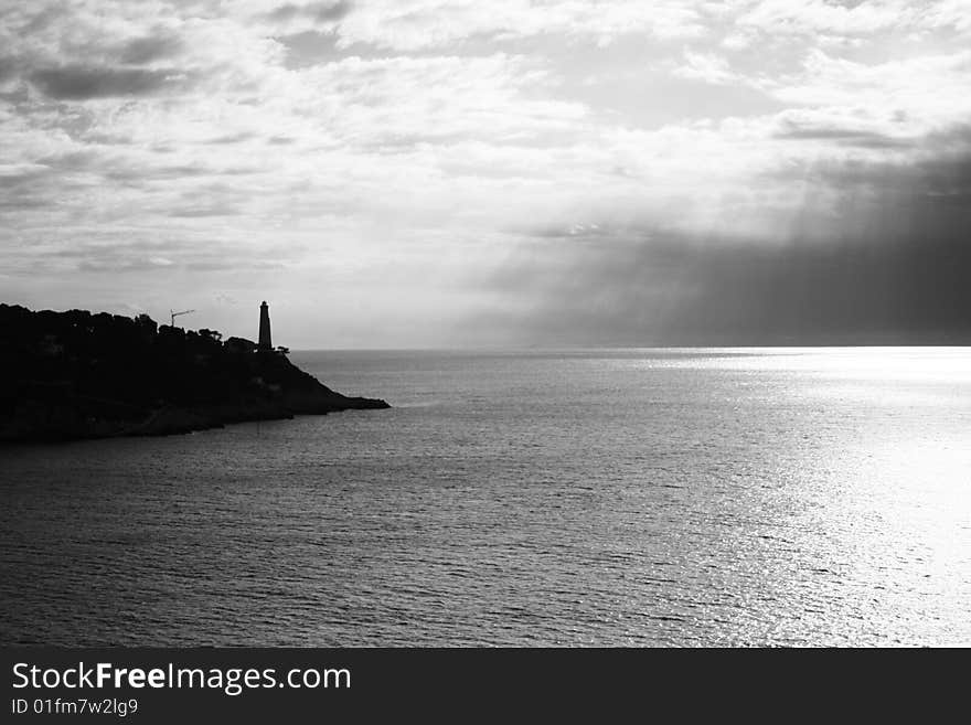 Black and White lighthouse in Nice, France. Black and White lighthouse in Nice, France