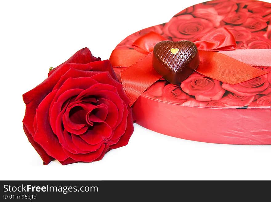 Love and Chocolate - red rose isolated on white