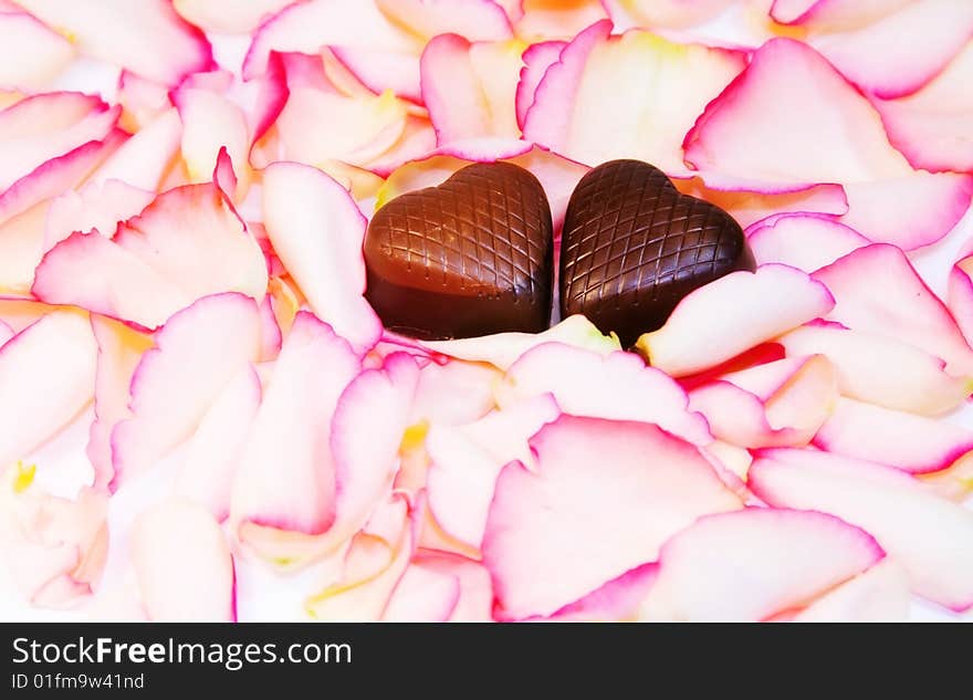 Tender Love - chocolate hearts over rose petals