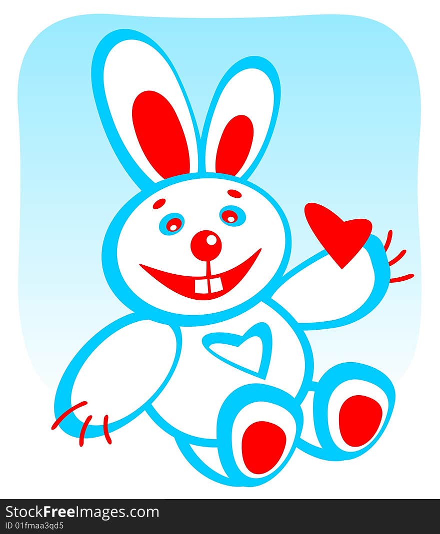 Cartoon enamored rabbit with heart on a blue background. Valentine's illustration.