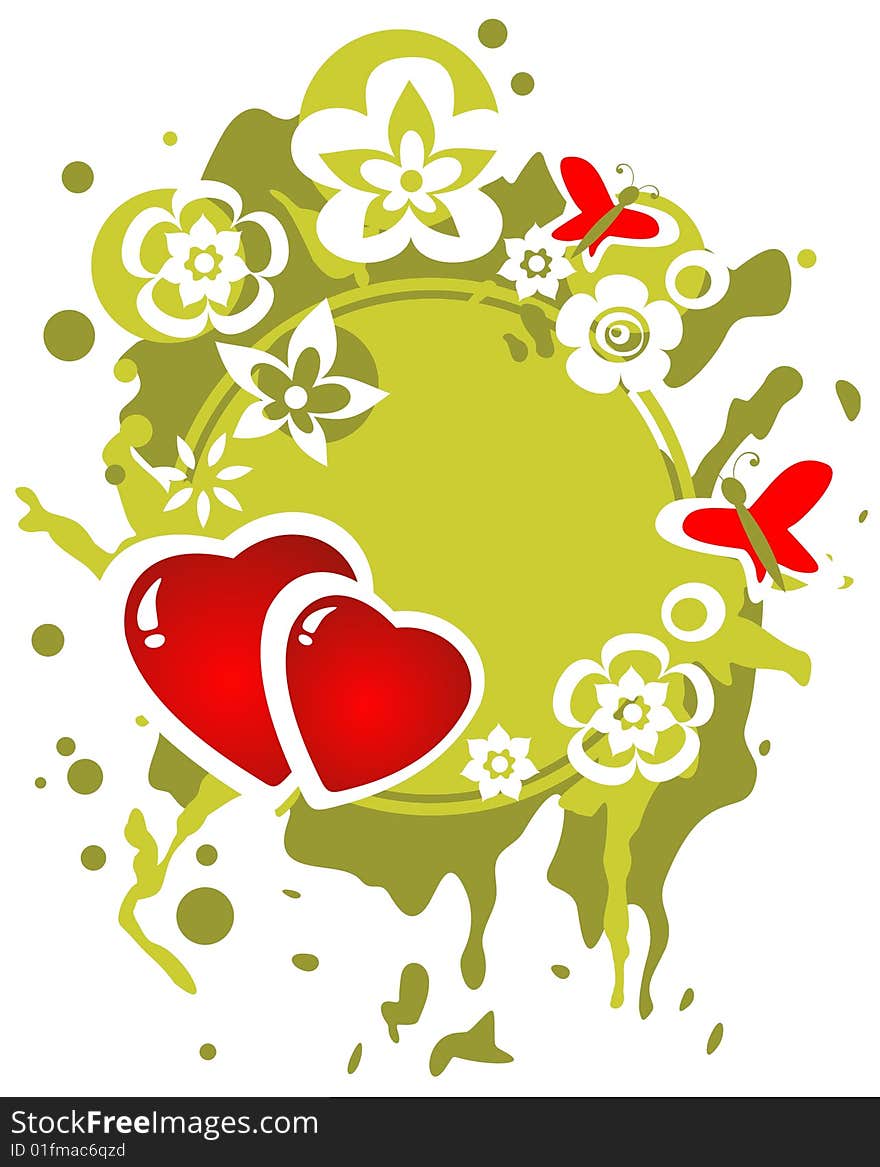 Two hearts and  flowers on a green grunge background. Valentine's illustration. Two hearts and  flowers on a green grunge background. Valentine's illustration.