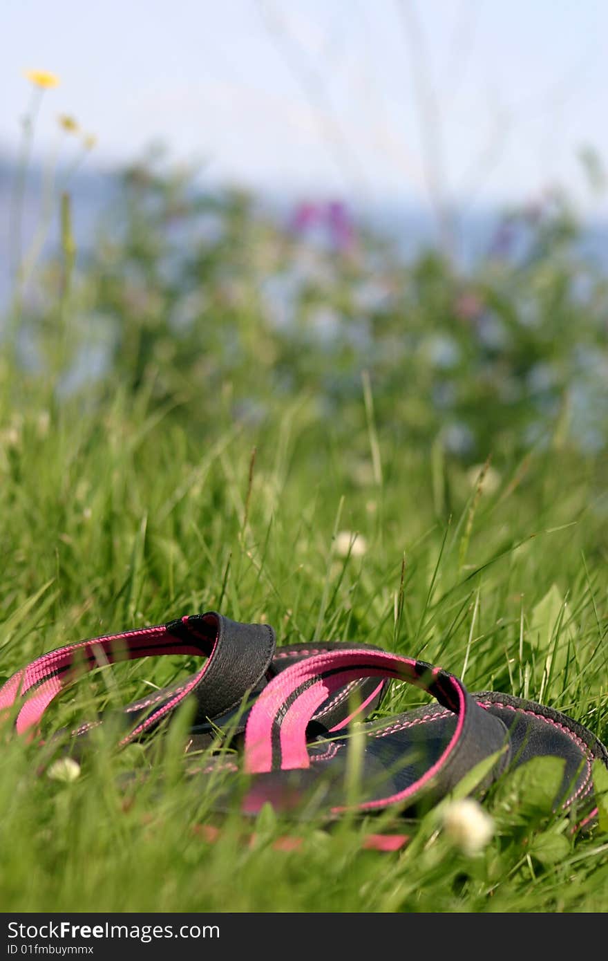 Sandals left in the grass. Sandals left in the grass