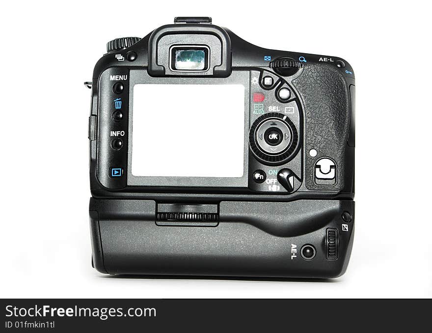 Black digital camera isolated on a white