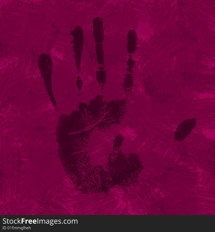 Imprint of hand on the purple painted abstract background