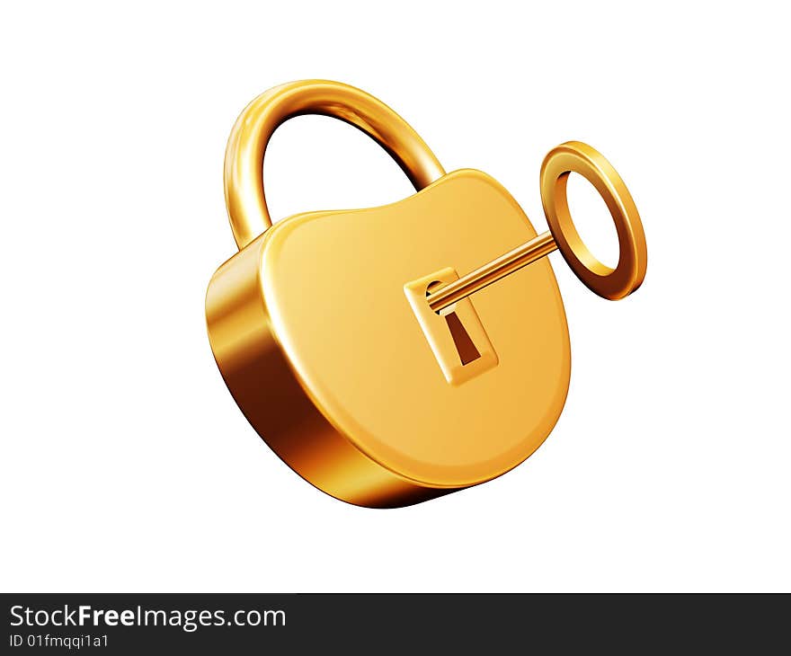 Golden padlock with key isolated on white