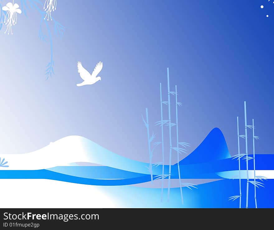 Illustration of bird with sky background chinese like drawing. Illustration of bird with sky background chinese like drawing