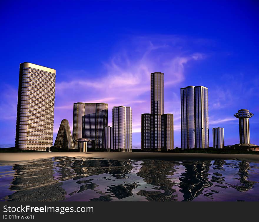 Skyscrapers of modern city on water