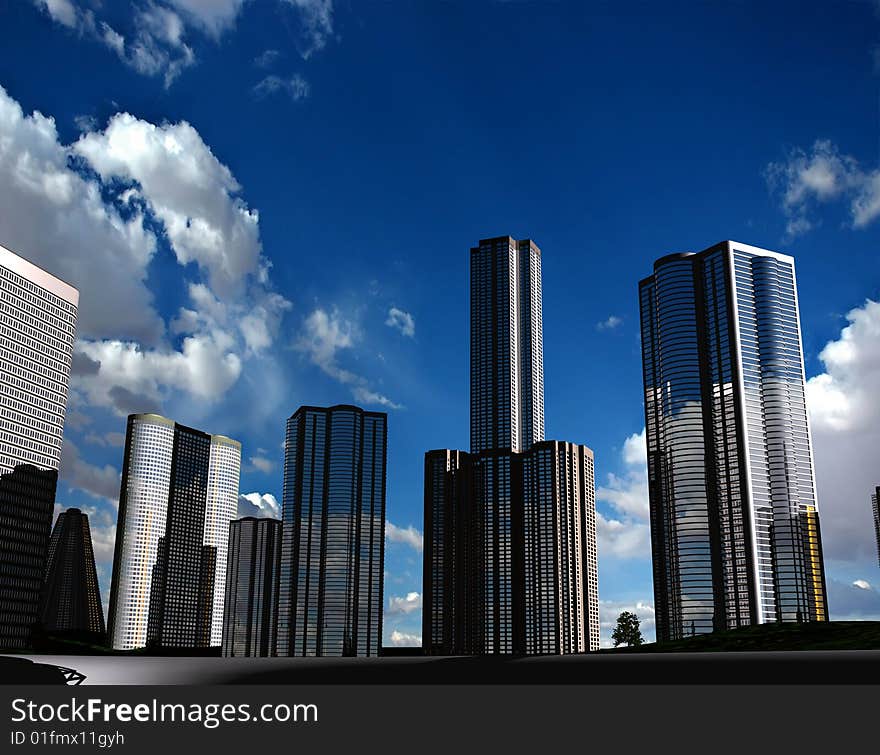 Skyscrapers of modern city on water