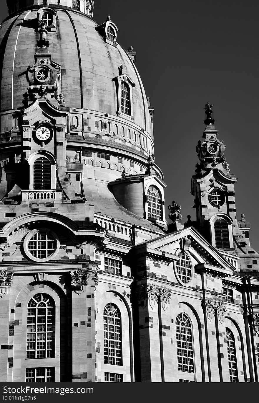 Detail of a famous church in Dresden - Frauenkirche - photographed during a bright winter day (black and white photo).
. Detail of a famous church in Dresden - Frauenkirche - photographed during a bright winter day (black and white photo).