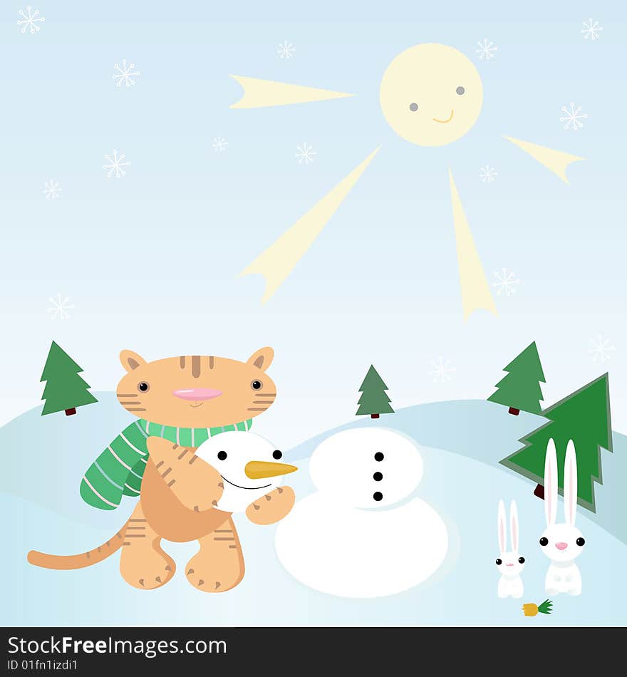 Cat making snowman. Nice idea for a gift cards. EPS and JPEG.