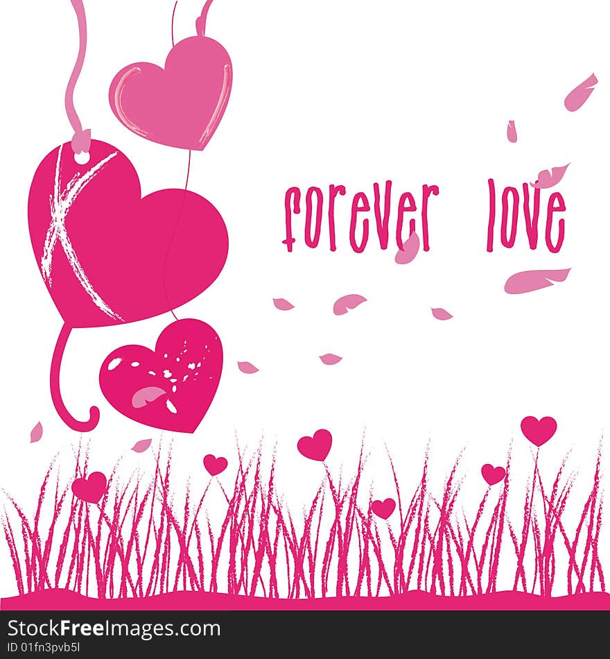 Valentine card of love, leaves, grass, plants elements with forever love text