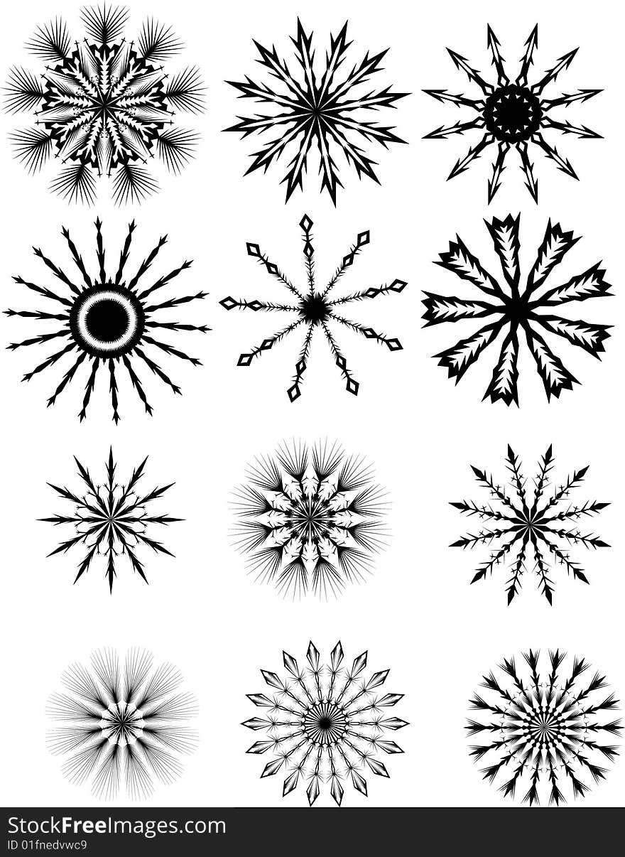 Twelve Silhouette Snowflakes