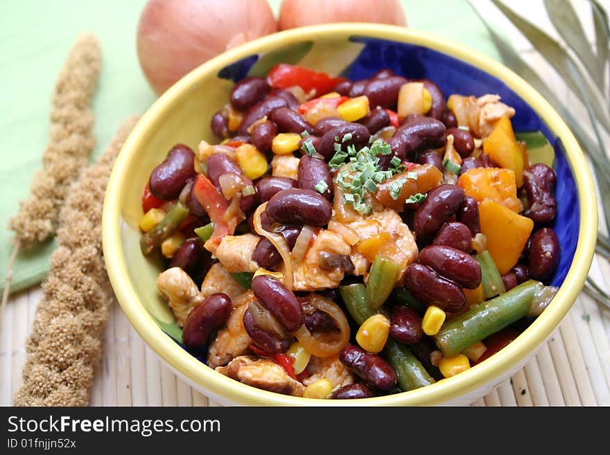 Fresh meat with mexican vegetables in a bowl. Fresh meat with mexican vegetables in a bowl