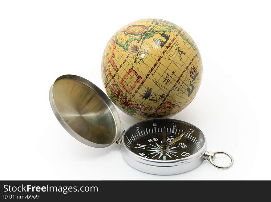 Modern compass and ancient globe isolated on white background. Modern compass and ancient globe isolated on white background