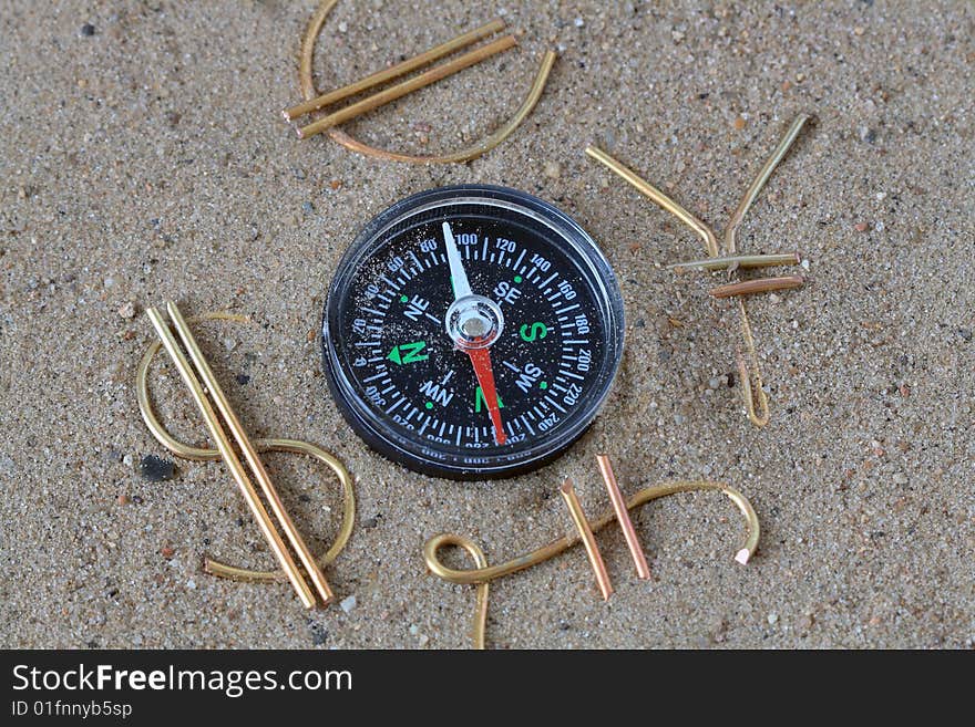 World money signs made from wire and compass on sand. World money signs made from wire and compass on sand