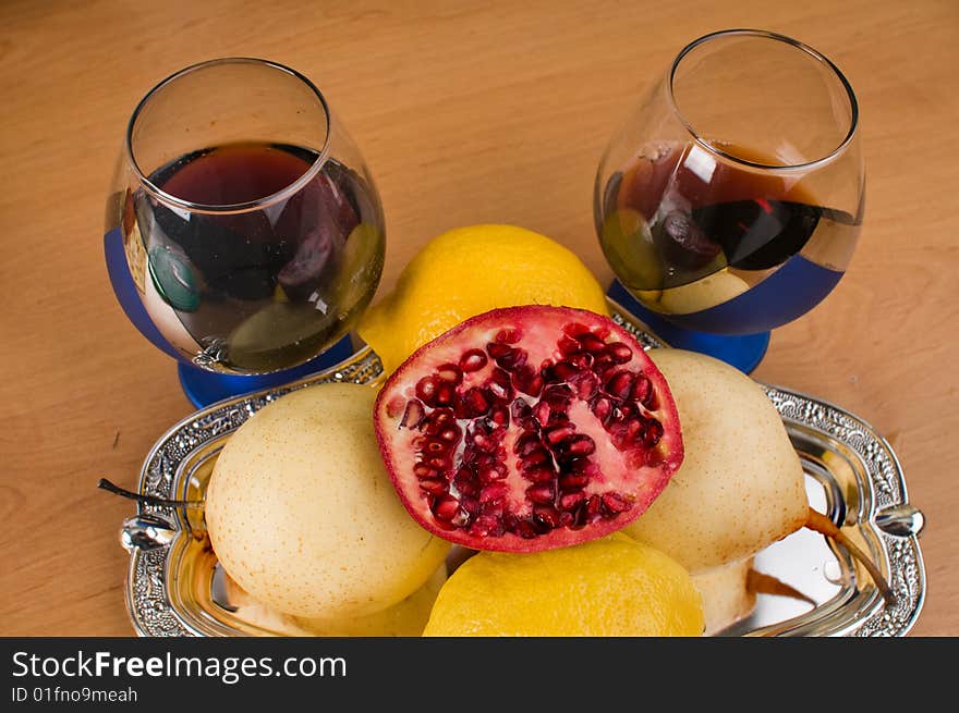 Wine and fruit.