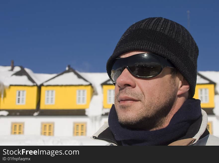 Man looking forward at a snow field, outdoor. Man looking forward at a snow field, outdoor