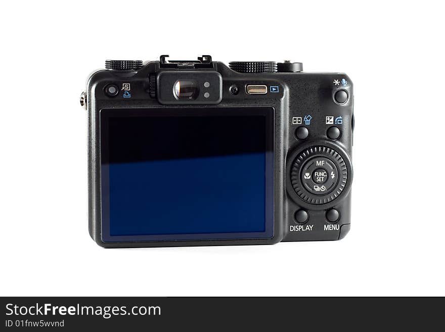 Black digital photo camera on a white background