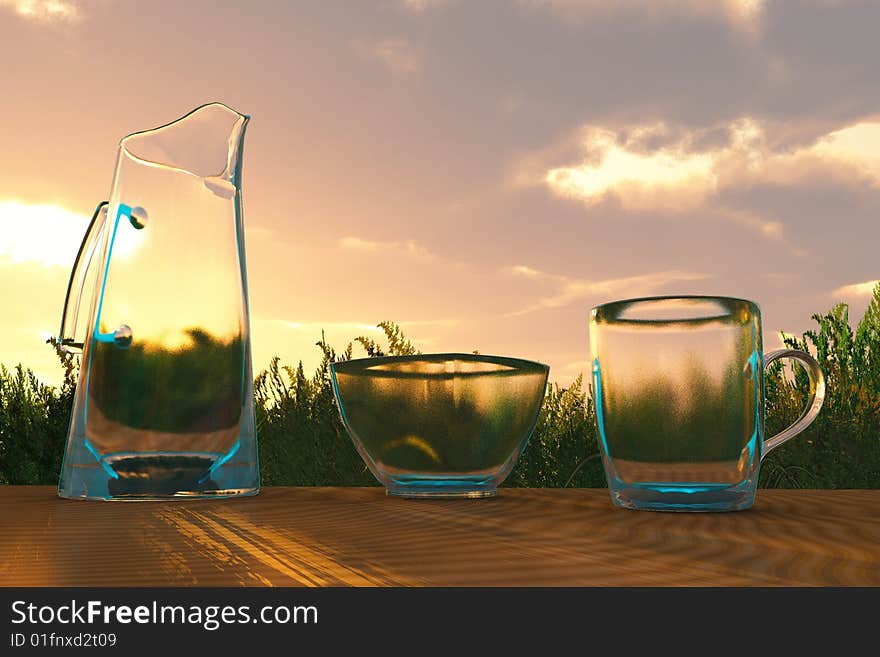 Scene glass-ware  on background of the grass