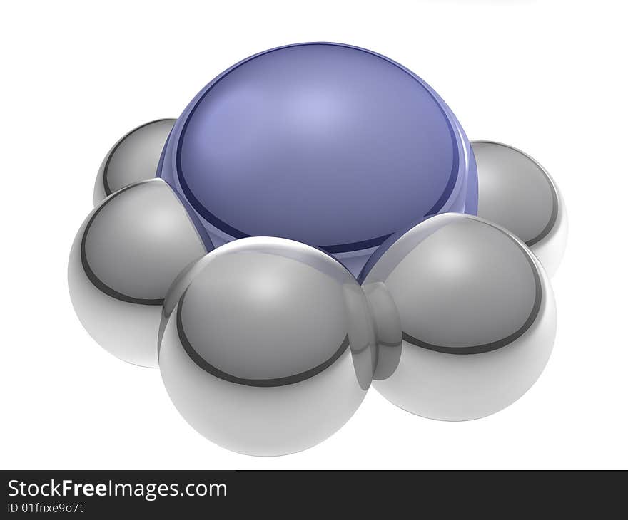 Blue ball is surrounded the group of silver balls. Blue ball is surrounded the group of silver balls