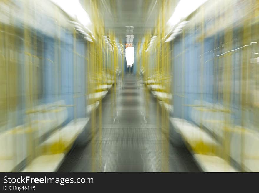 Zoomed inside an empty subway train